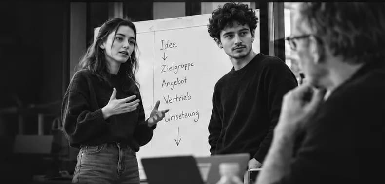 Menschen besprechen an einem Flipchart die Schritte von der Idee zur Umsetzung