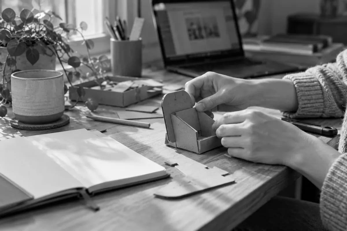 Hände bauen an einem Schreibtisch einen Prototyp aus Karton, daneben ein Laptop und Notizen